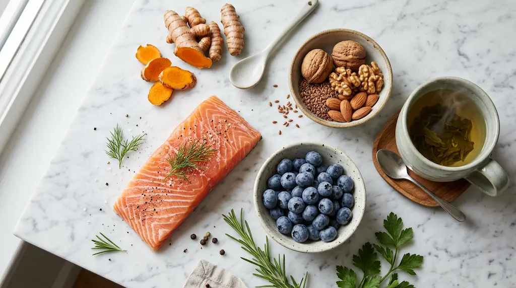 alimentos antiinflamatorios salmón arándanos cúrcuma — dieta para bajar PCR dolor espalda crónico
