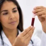 análisis de sangre antes de ir al quiropráctico — bióloga clínica con tubo de laboratorio