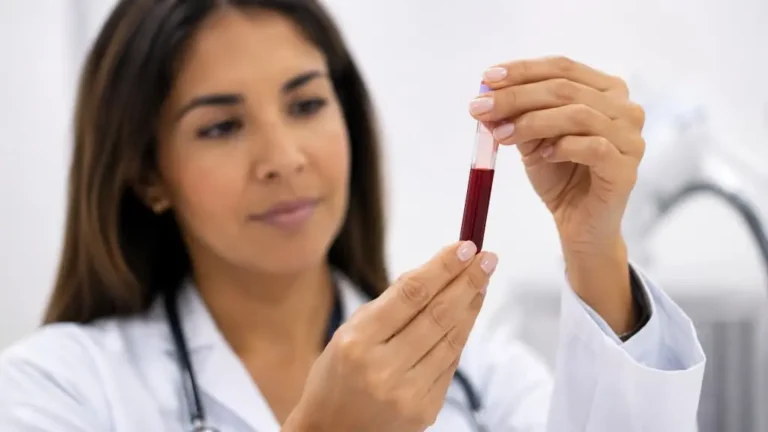 análisis de sangre antes de ir al quiropráctico — bióloga clínica con tubo de laboratorio