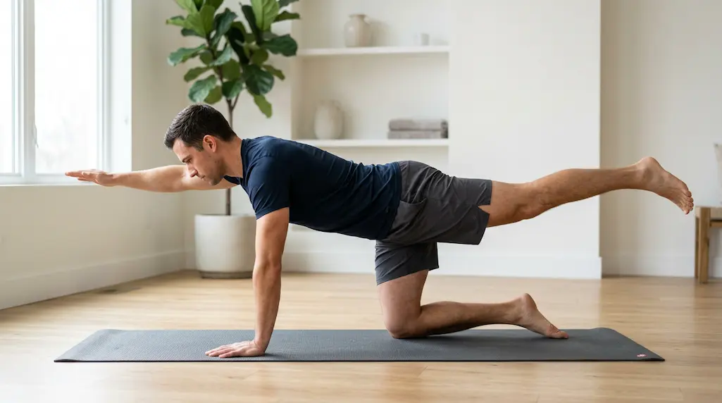 hombre haciendo bird dog exercise core stability — columna vertebral lumbar pain chiropractic care