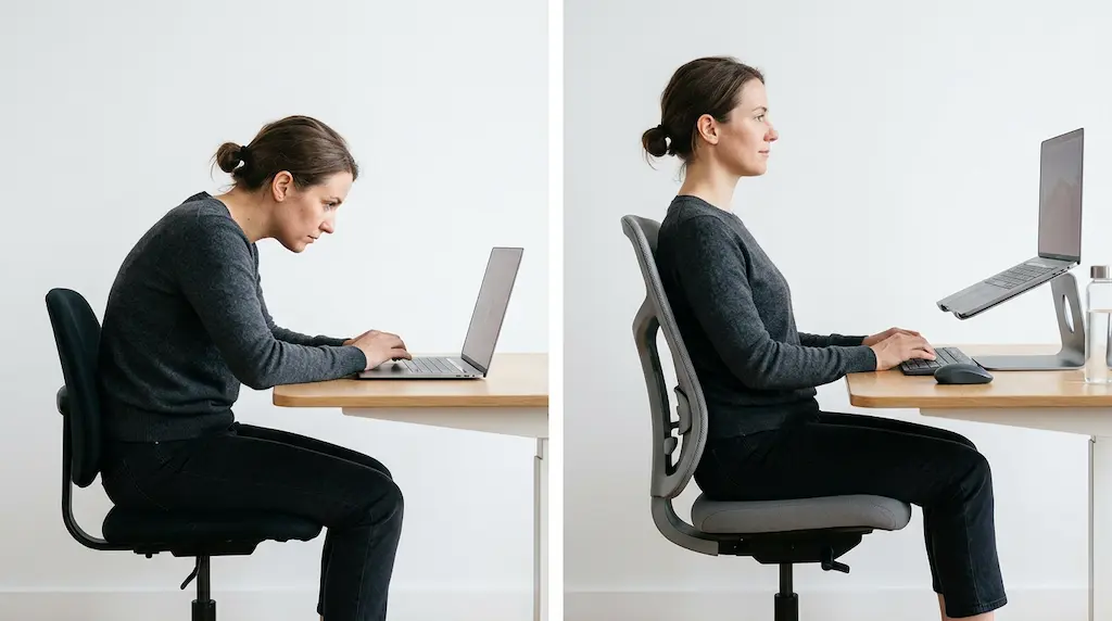 comparación postura correcta e incorrecta sentado en escritorio — corrección postural antes del quiropráctico