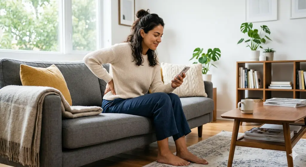 latina con dolor de espalda baja consultando rutina de ejercicios en el móvil — back pain relief latinos USA