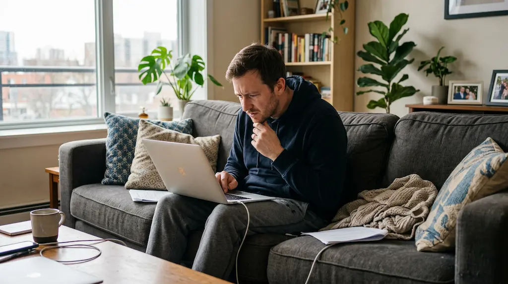 hombre trabajando desde casa con postura incorrecta en sofá — home office dolor espalda quiropráctico