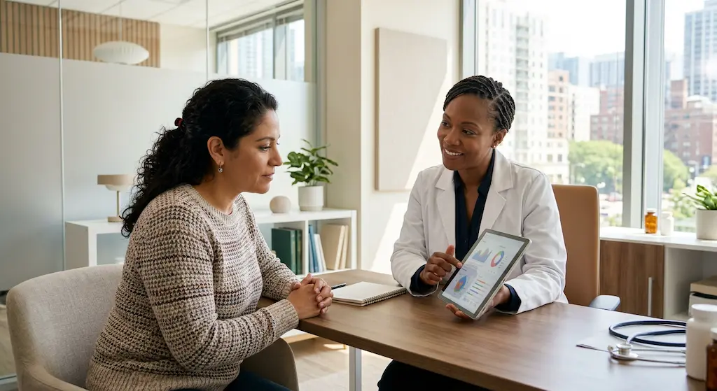 latina en consulta médica recibiendo resultados de análisis de vitamina D — deficiencia vitamina D dolor lumbar hispanos USA