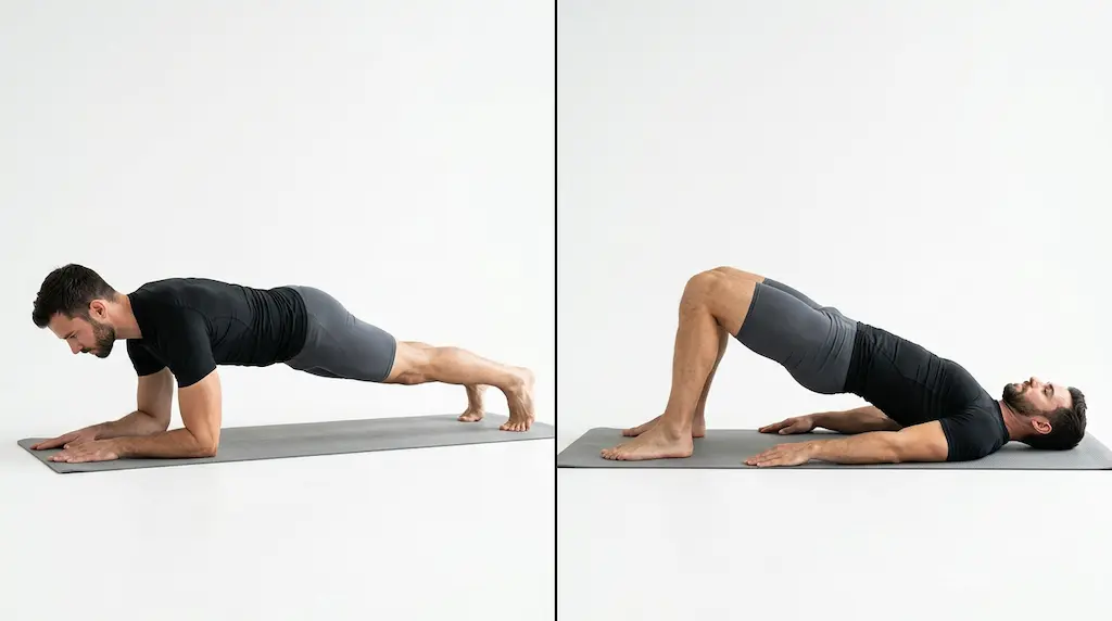 hombre haciendo plancha y puente de glúteos para fortalecer espalda baja — back pain relief exercises