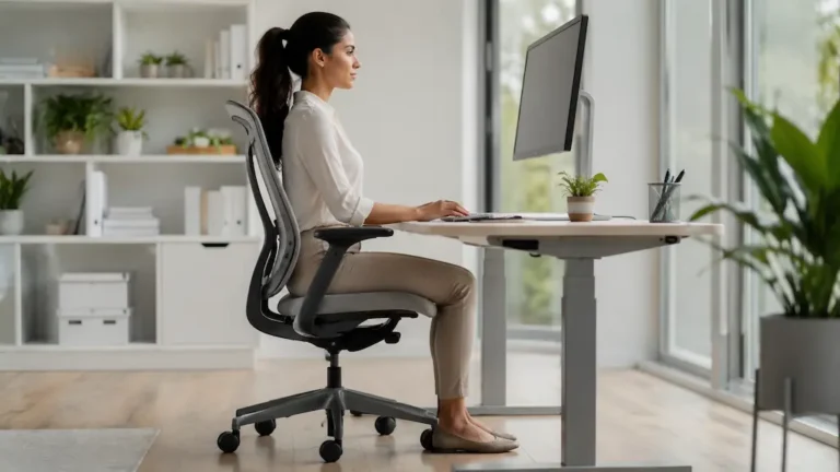 mujer con postura correcta trabajando en escritorio ergonómico — mejorar postura trabajo oficina quiropráctico