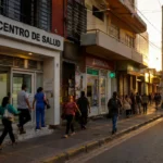 calle urbana con la fachada de un centro de salud comunitario visible entre otros comercios