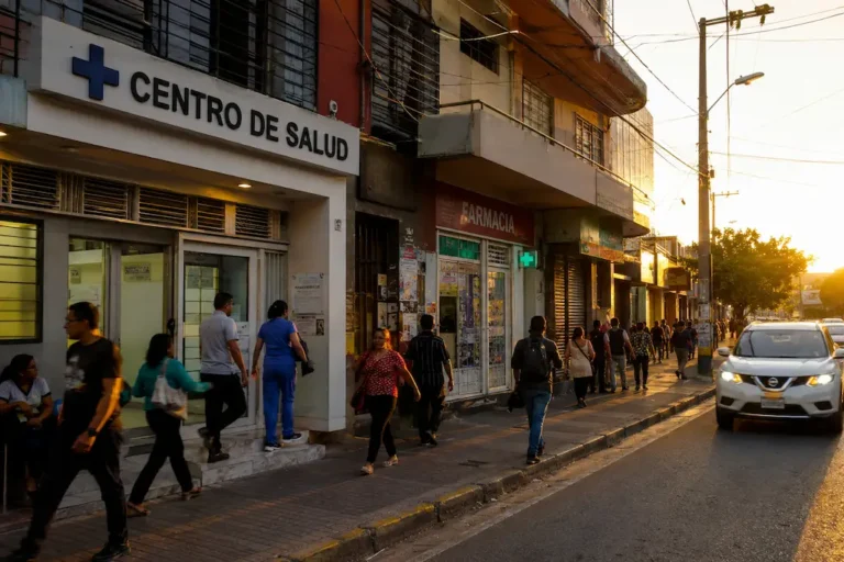 calle urbana con la fachada de un centro de salud comunitario visible entre otros comercios