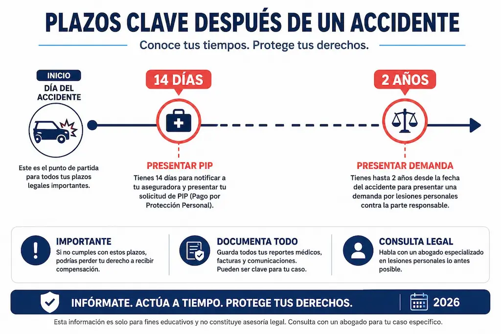 Infografía de plazos clave después de un accidente de auto: 14 días para PIP, 2 años para demanda