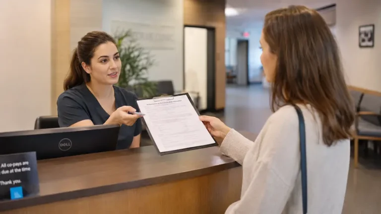 recepcionista entregando un formulario de autorización