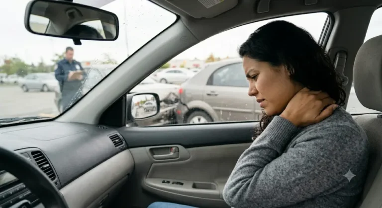 una mujer en un coche tocándose el cuello despues de un accidente
